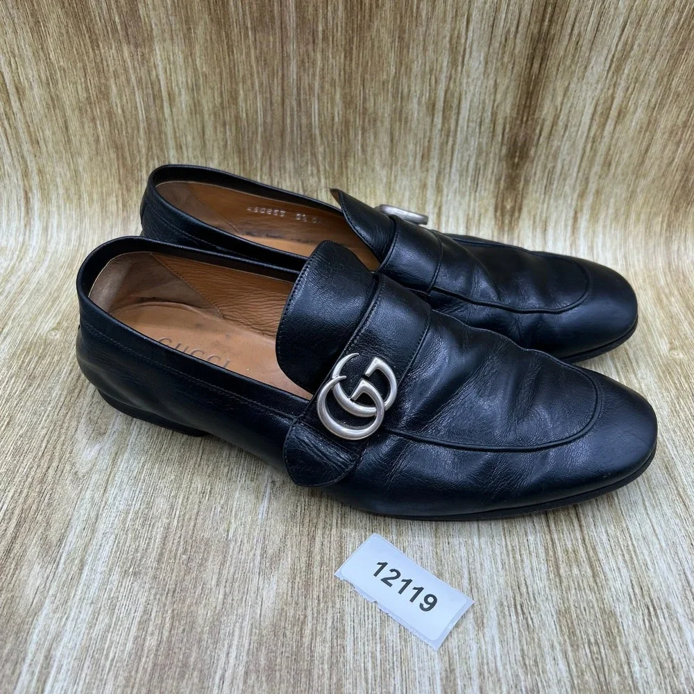 Gucci Slip On Loafers Men's Size 8.5 Black Leather Silver Double G Hardware
